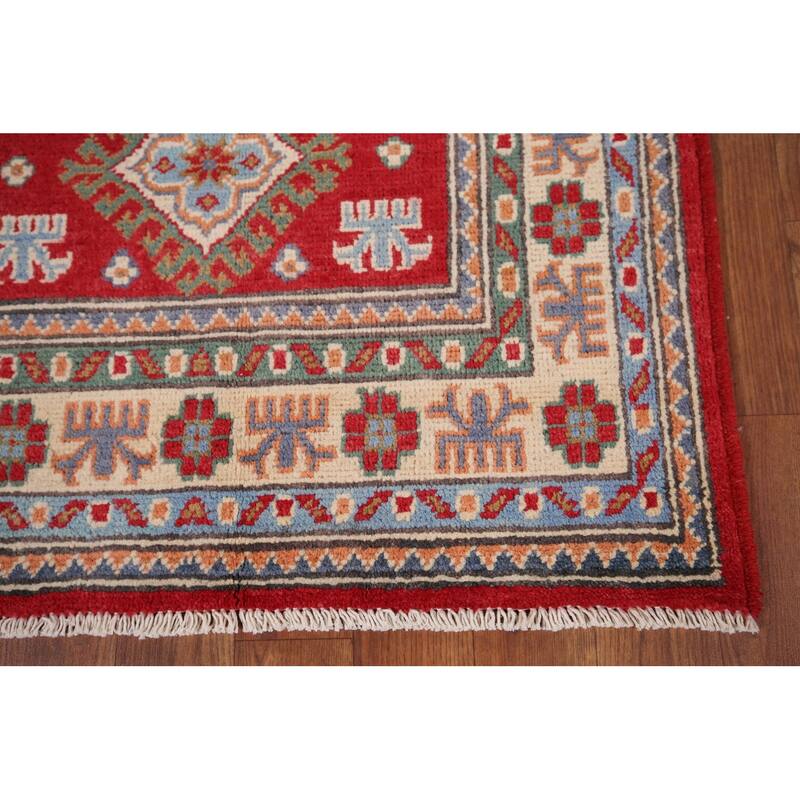 Geometric Red Kazak Oriental Accent Rug Hand-Knotted Wool Carpet - 2'8" x 4'1"
