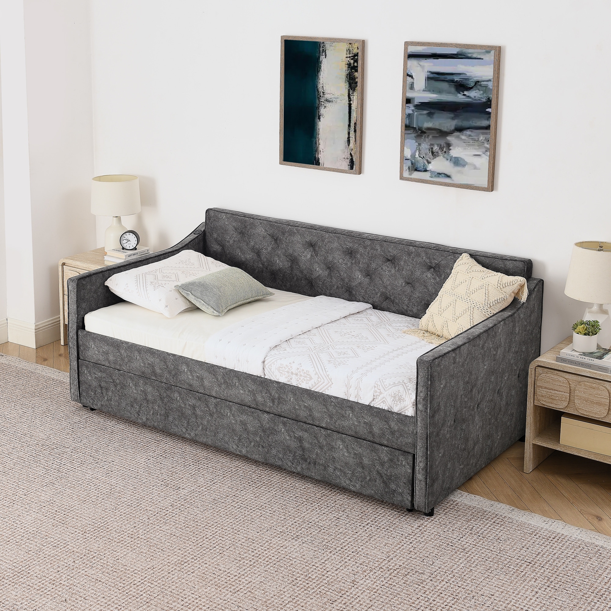 Twin Size Upholstery Daybed with Erectable Trundle and Button-tufted Backrest, USB Charging Design, for Living Room and Bedroom