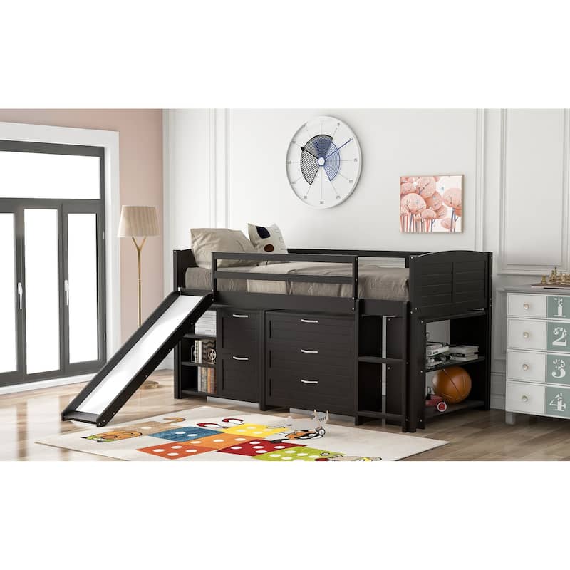 Low Twin Size Loft Bed with Cabinets, Shelves and Slide - Espresso