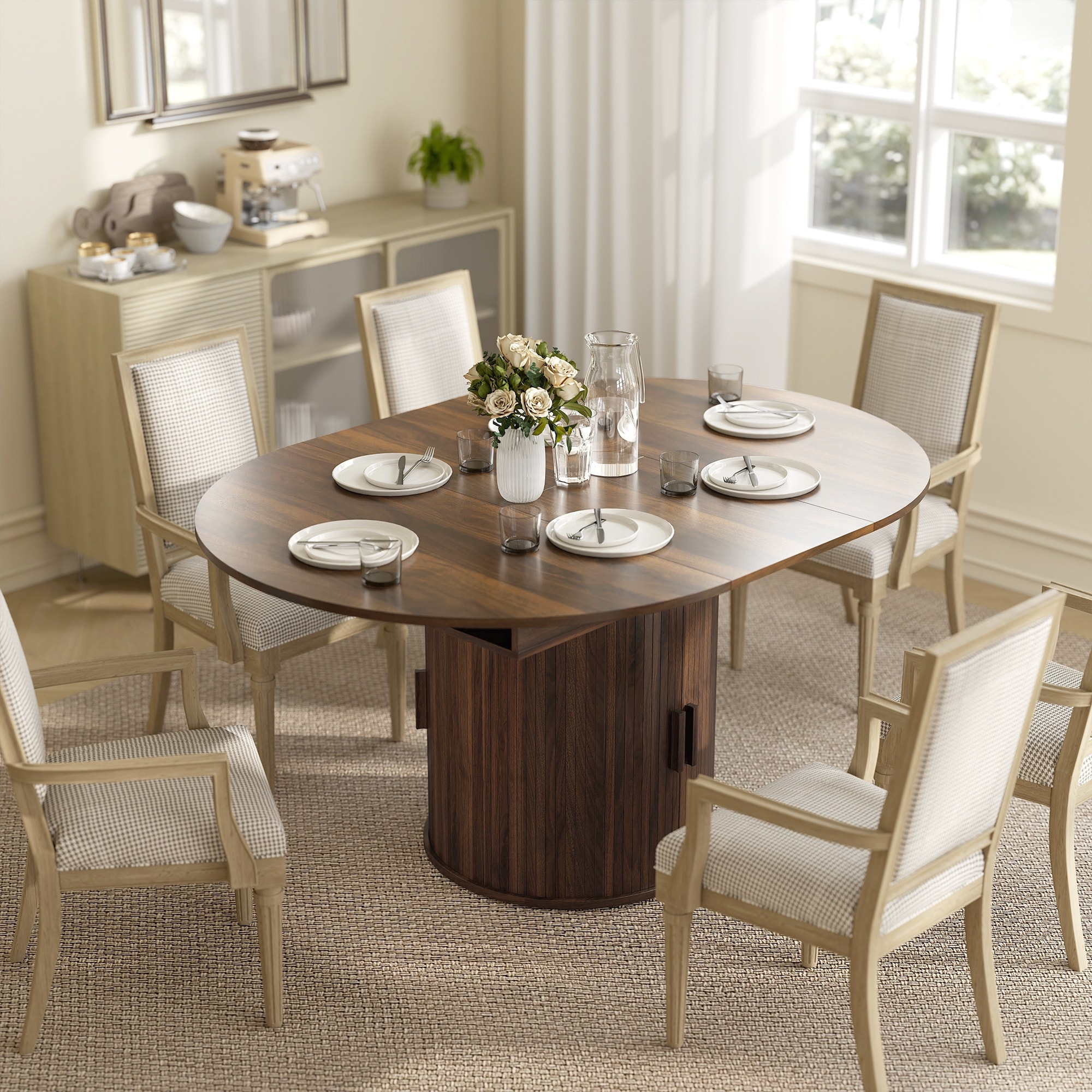 HOMCOM Extendable Dining Table for 6, 60 Inch Farmhouse Oval Kitchen Table with 2-Tier Storage Shelf and Fluted Sliding Doors