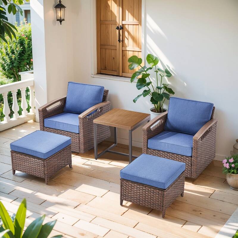 Pocassy Outdoor Patio Sofa Chair Ottoman Table Furniture Set - Blue Cushion - Swivel Chairs Table with Ottoman Set