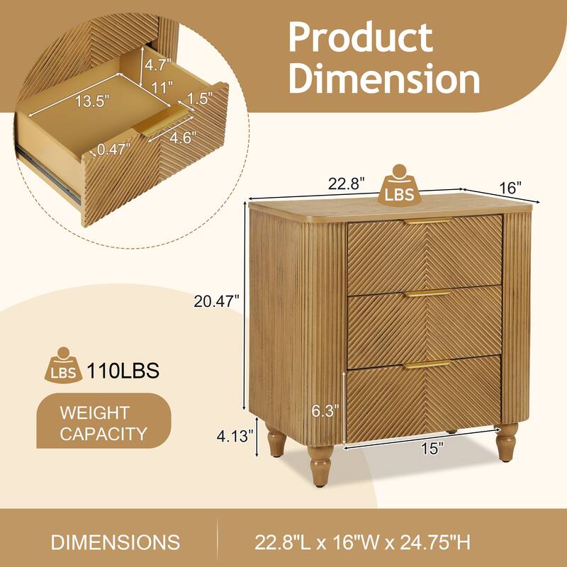 3 Drawers Nightstand Bedroom Bedside Table Sofa End Table with Wooden Gourd Legs