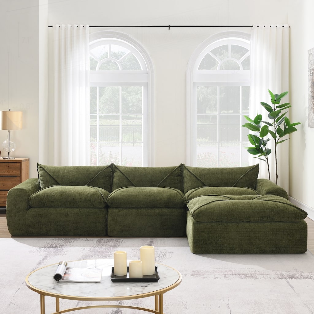 Versatile Compressed Sofa with Integrated Cushions and Movable Ottoman