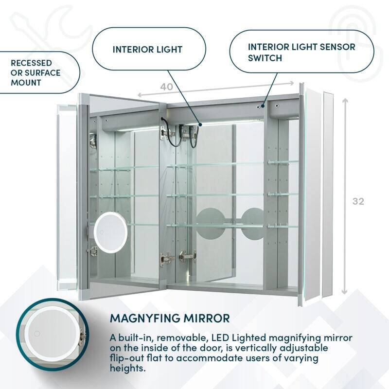 AQUADOM Edge Royale 48W Bathroom Led Lighted Medicine Cabinet Defogger, 3X LED Adjustable Magnifying Mirror, Electrical Outlets