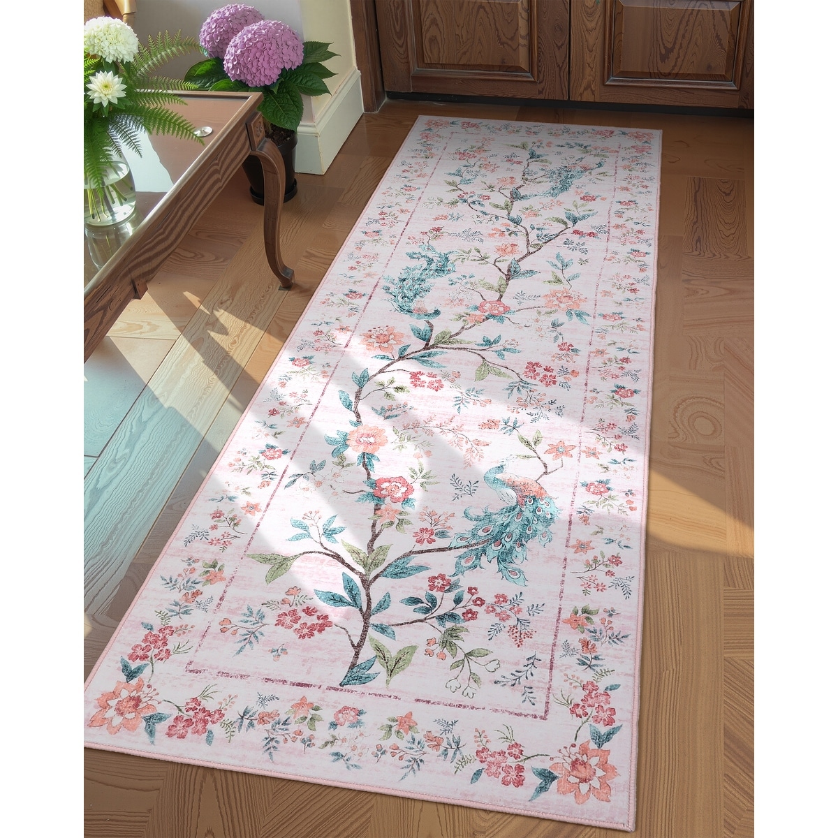 Washable Area Rug Floral Peacock Print Rug Soft Non Slip Low Pile Accent Rugs for Living Room Bedroom