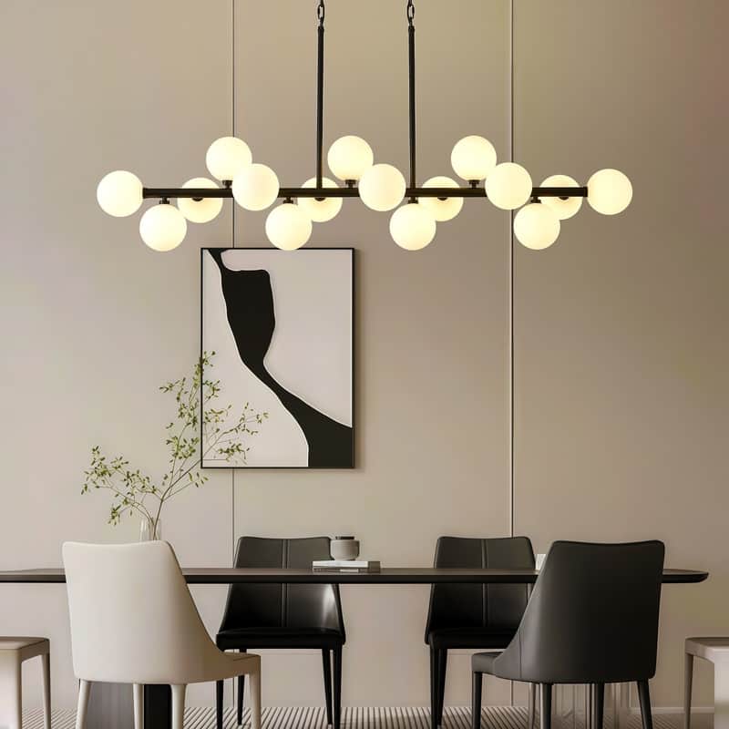 Modern 16 Light Linear Chandelier with Glass Globe Lampshade, Mid Century Sputnik Chandelier for Kitchen Island