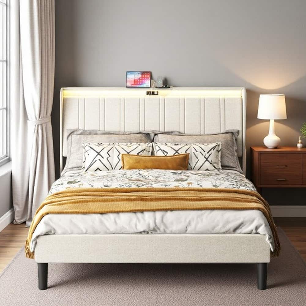 Queen Size Upholstered Platform Bed with Charging Ports, Padded Headboard and Wood Slat Support, Noise-Free Metal Frame