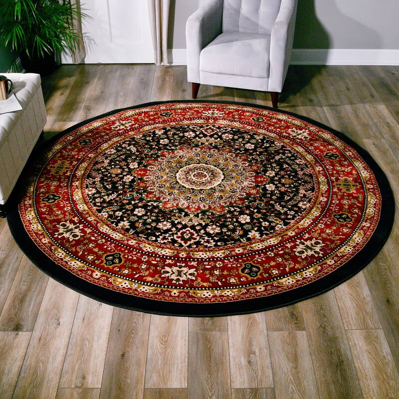 Persian Collection Black Traditional Area Rug - 5'2'' Round - Black