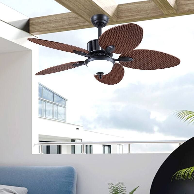 50 Inch Tropical Ceiling Fan with Palm Leaf Blades Glass Cover Remote Control Waterproof for Indoor and Outdoor Patio