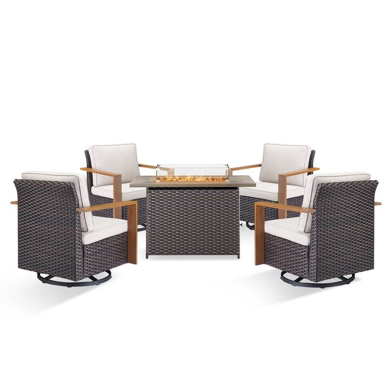 Pocassy 5 Pieces Outdoor Wicker Chair with Fire Table Set