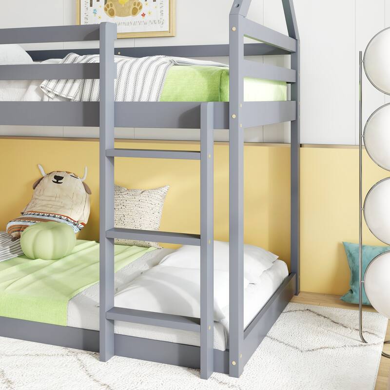 Grey Twin over Twin House-Shaped Bunk Bed with Ladder, Guardrails, and Low Height Design