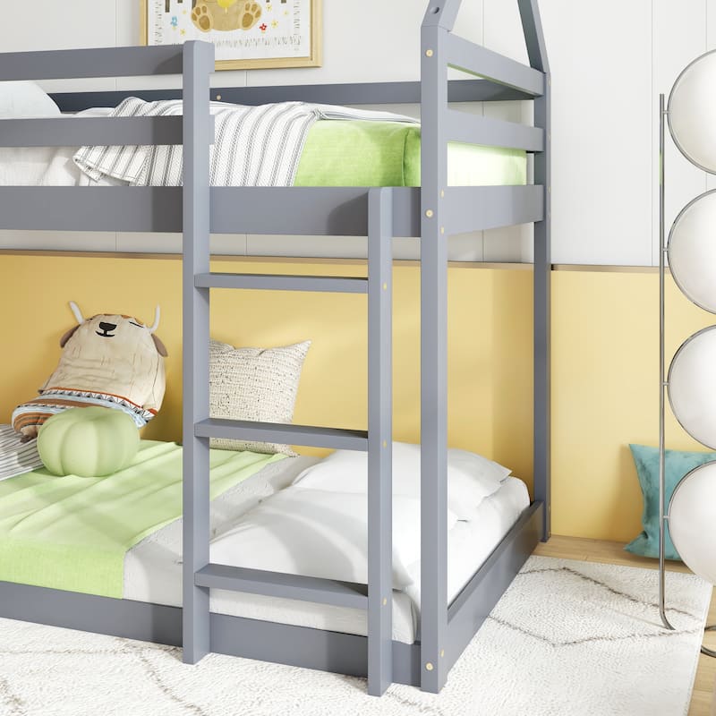 Rubber Wood Floor Bunk Bed, with ladder,Guardrails,House-Shaped-Bunk Bed - Grey