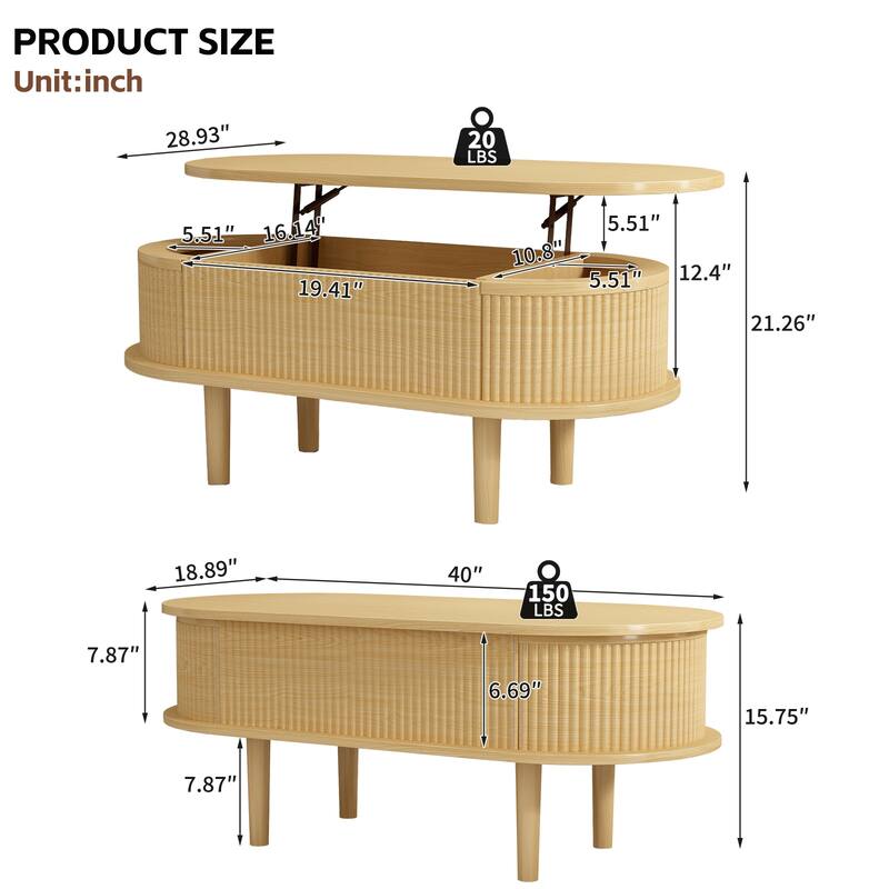 Fluted Lift Top Coffee Table with Hidden Compartment, Wooden Center Table, Modern Oval Lift Tabletop for Home
