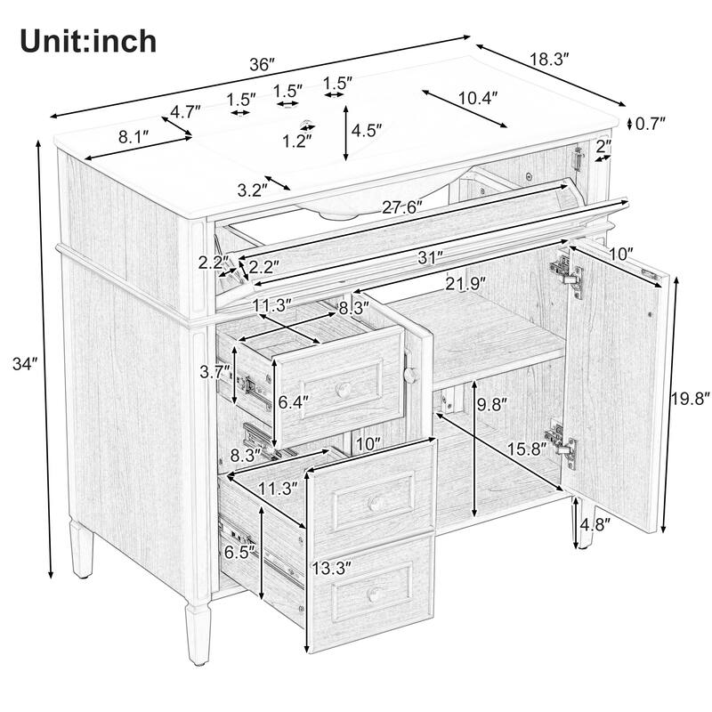 36" Bathroom Vanity with Ceramic Sink, Flip-Out Drawer, 3 Drawers, Soft Close Doors, Solid Wood & MDF Cabinet