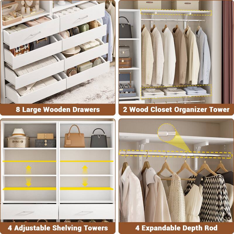 Set of 2 Closet System with Wooden Drawers and Hanging Rods, Closet Organizer with Adjustable Storage Shelves