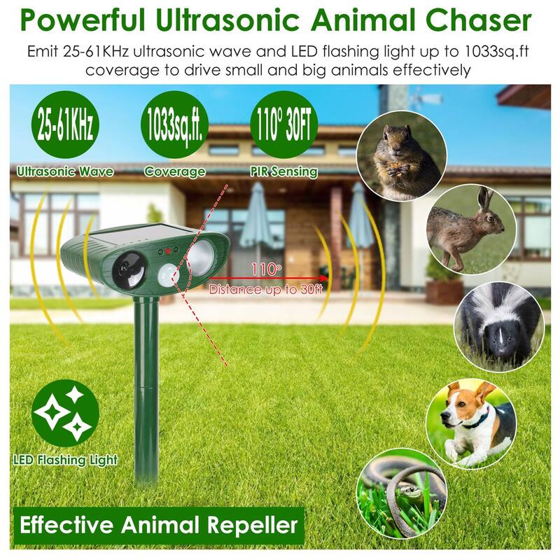 Solar Ultrasonic Animal Repeller PIR Motion Sensor Animal Repellent Chaser IPX4 Waterproof