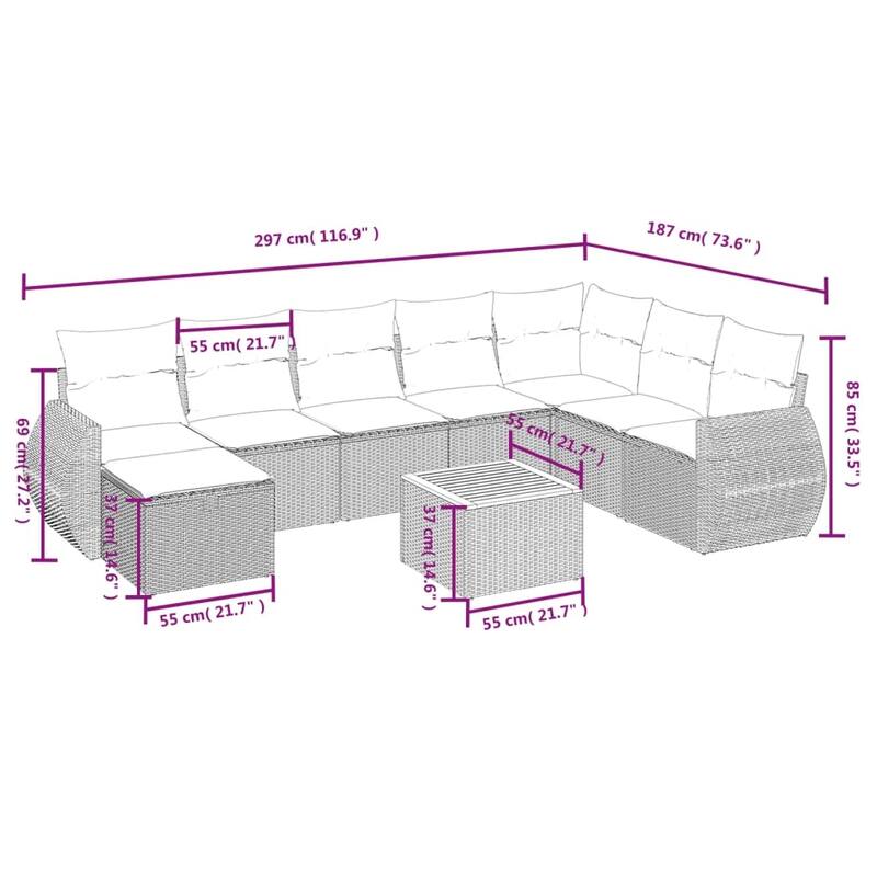 vidaXL Patio Sofa Set with Cushions Outdoor Furniture 9 Piece Poly Rattan
