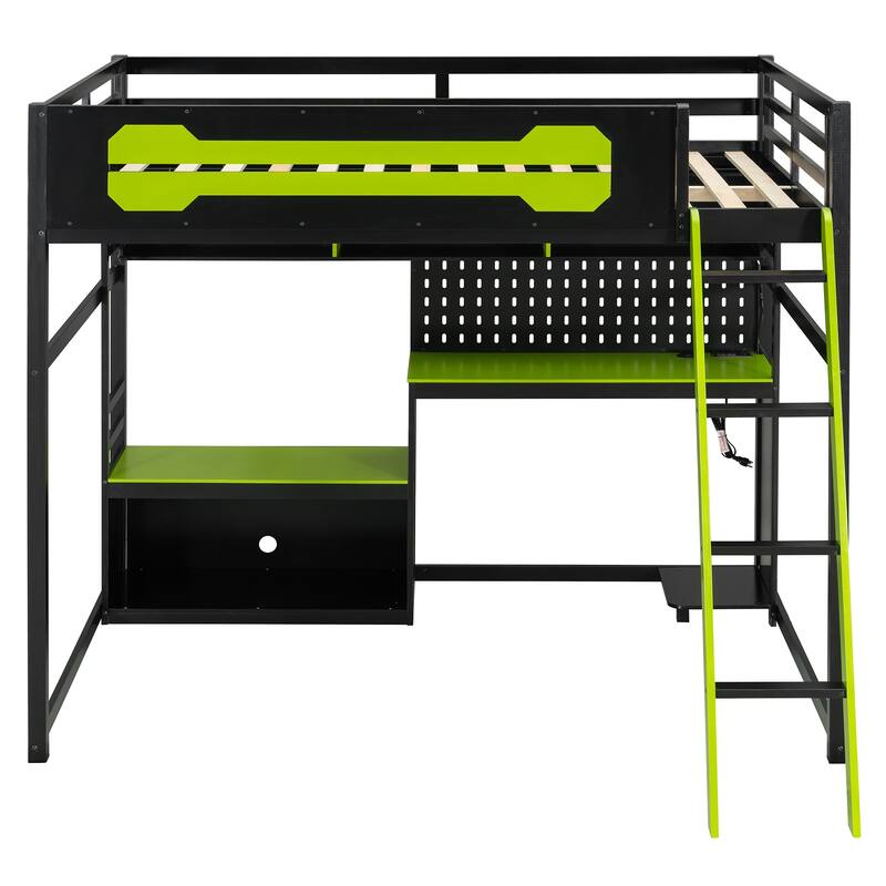 Full Size Gaming Loft Bed with Desk, Shelves, LED, USB and Pegboard
