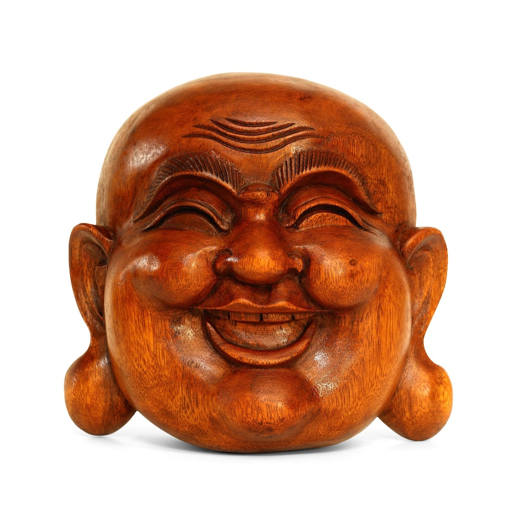 Wooden Wall Mask Laughing Smiling Happy Buddha Head Statue Hand Carved Stand Sculpture Handmade Figurine Decor Art Wall Hanging
