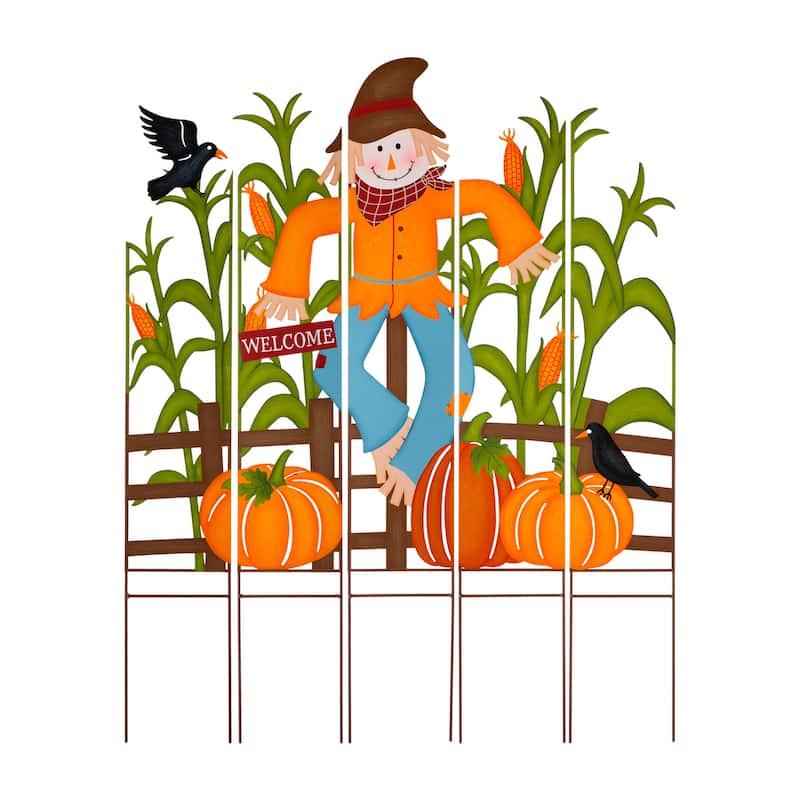 Glitzhome Welcome Fall Metal Scarecrow Corns Pumpkin Fence Yard Stake Halloween Thanksgiving Decor
