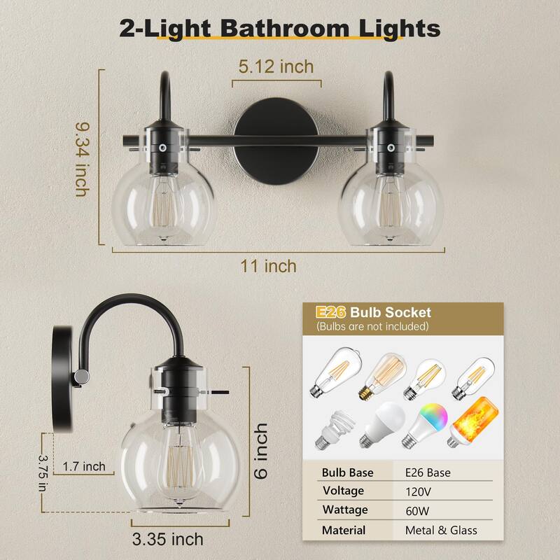 Modern 2/3/4 Bathroom Vanity Lights Clear Globe Glass Shade
