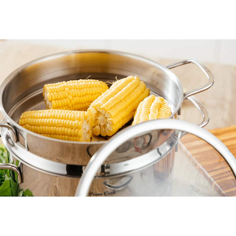 Prime Cook Stainless Steel 6.4 qt Stock / Steamer Set with Glass Lid
