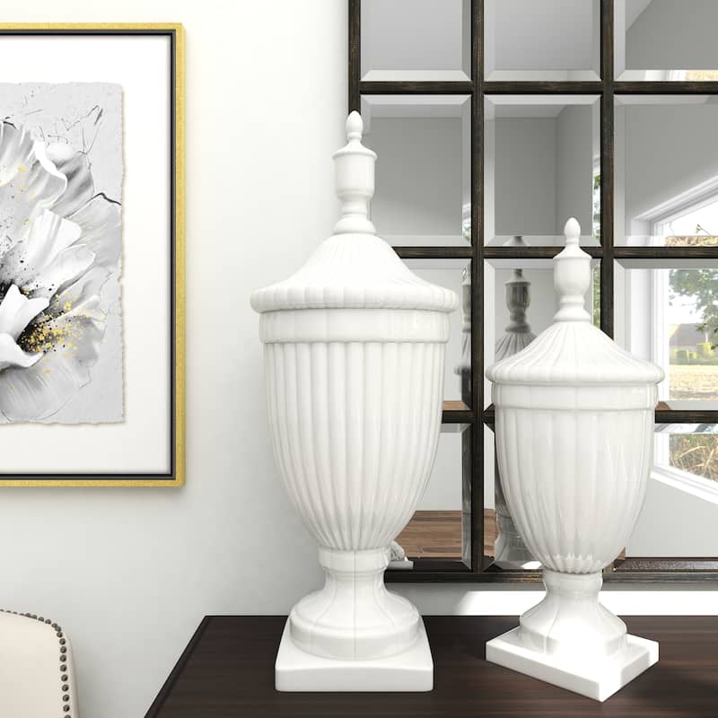 White Ceramic Tall Fluted Urn Living Room Decorative Jars with Grooves and Lid