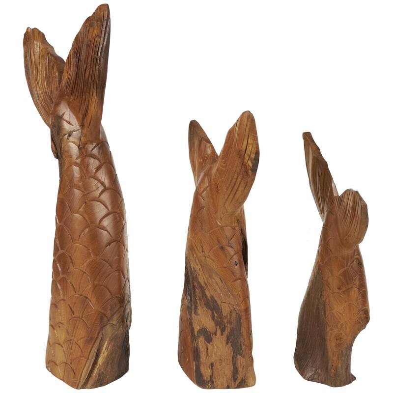 Teak Wood Whale Handmade Tail Live Edge Decorative Sculpture with Intricate Carvings - Set of 3 Brown - Roche River Decor