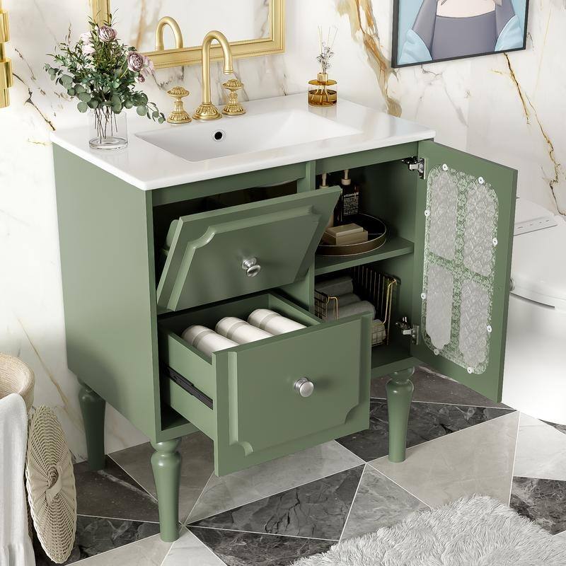 Solid Wood Frame Retro Style Bathroom Vanity with 30'' Ceramic Sink Combo, Freestanding Vanity Storage Cabinet with Glass Door - Green