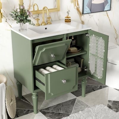 Solid Wood Frame Retro Style Bathroom Vanity with 30'' Ceramic Sink Combo, Freestanding Vanity Storage Cabinet with Glass Door