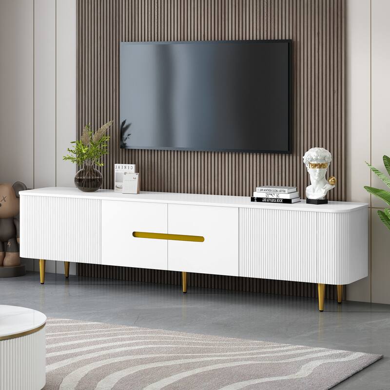 Roomfitters Minimalist TV Stand for up to 85 Inch TV, Entertainment Center with Four Spacious Cabinets