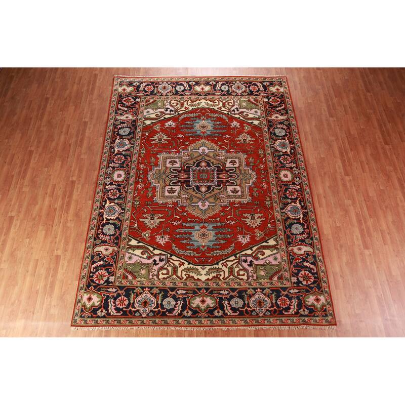 Geometric Heriz Serapi Oriental Area Rug Handmade Orange Wool Carpet - 8'11" x 12'0"