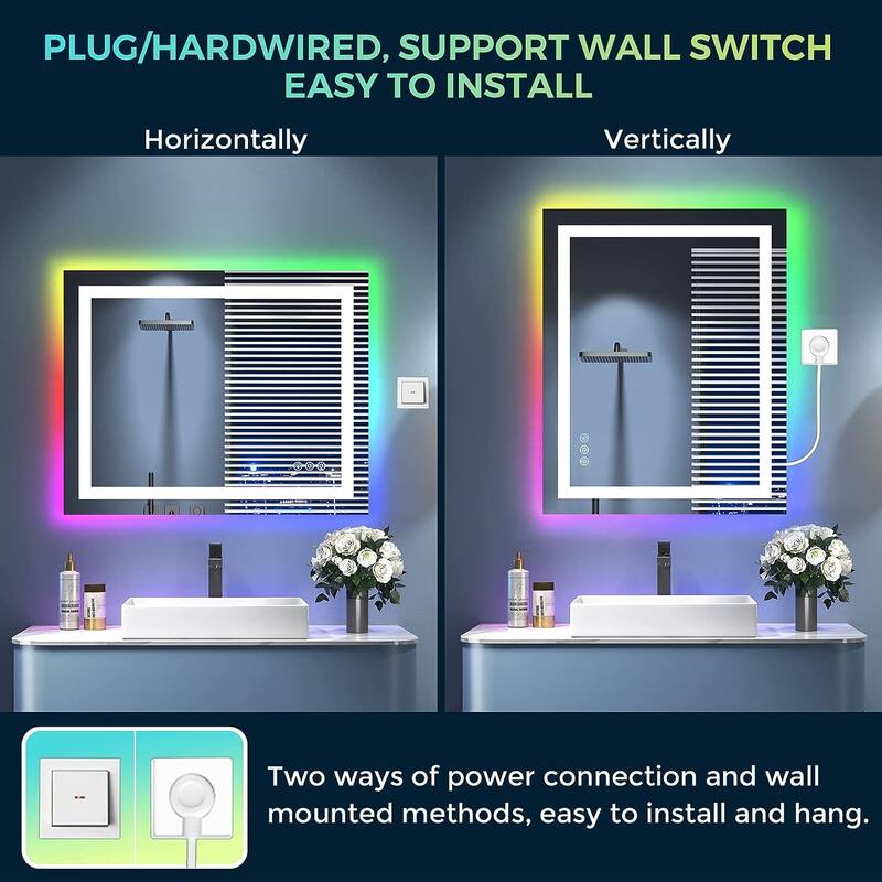 Super Bright RGB Backlit & LED Frontlit Anti-Fog Bathroom Vanity Mirror in Tempered Glass & ETL