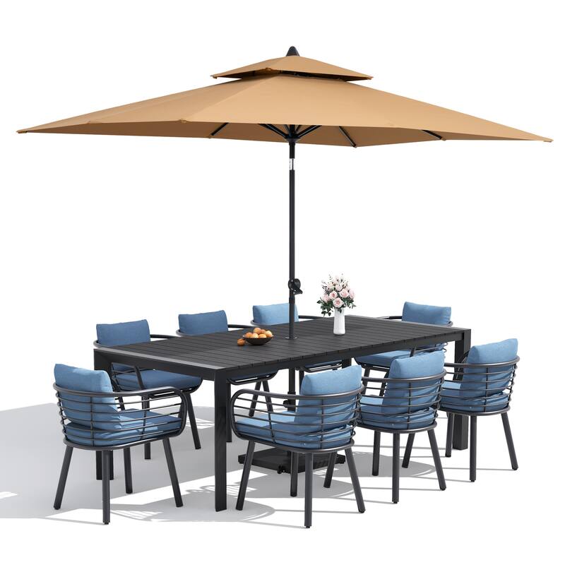 9/11-Piece Outdoor Dining Set w/10 ft Umbrella and Base Aluminum Dining Table and Chairs with Sunbrella Cushions