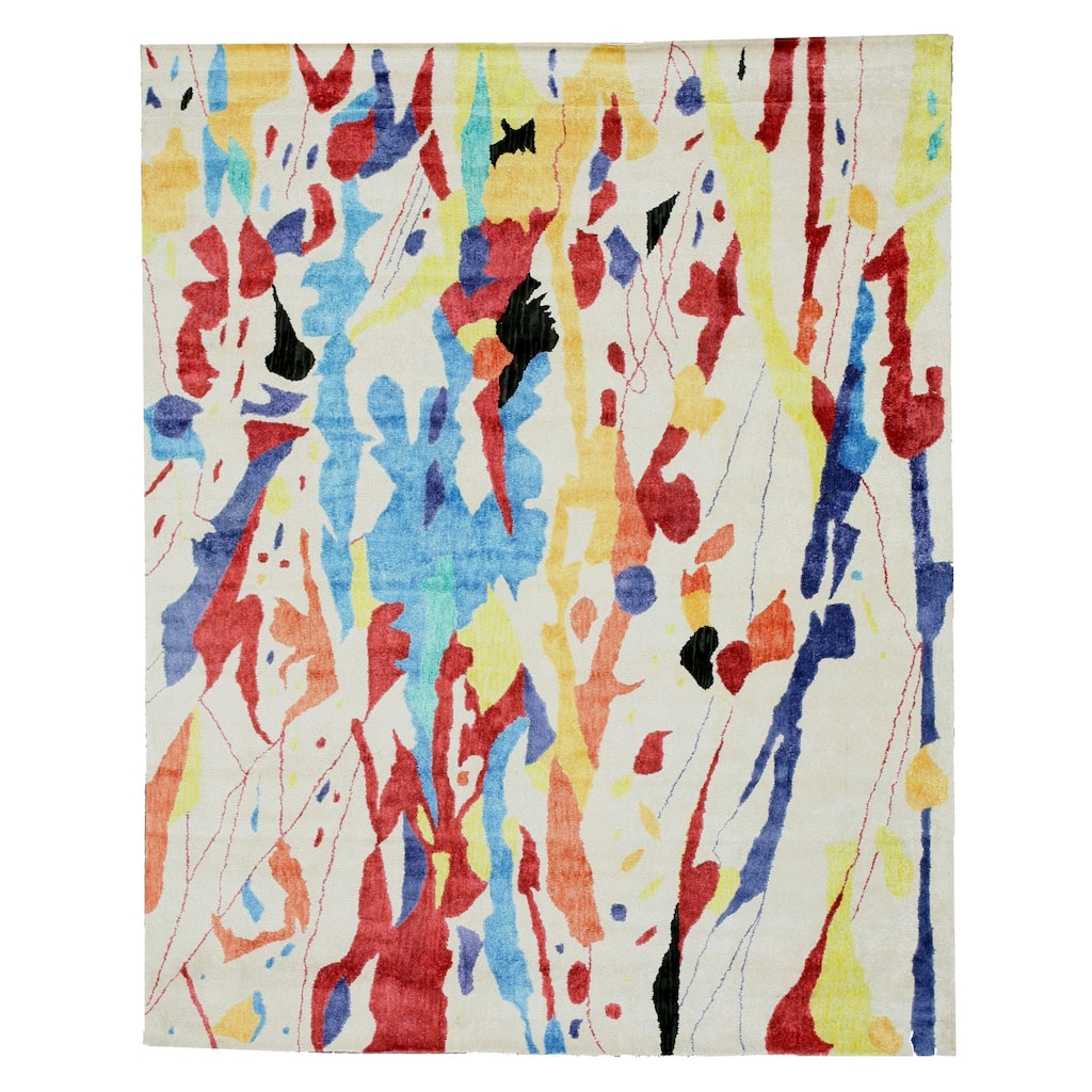 Ivory Abstract Viscose Contemporary Hand-Tufted Rug, 7'9 x 9'9 - Sleek Modern Art-Inspired Area Carpet - L