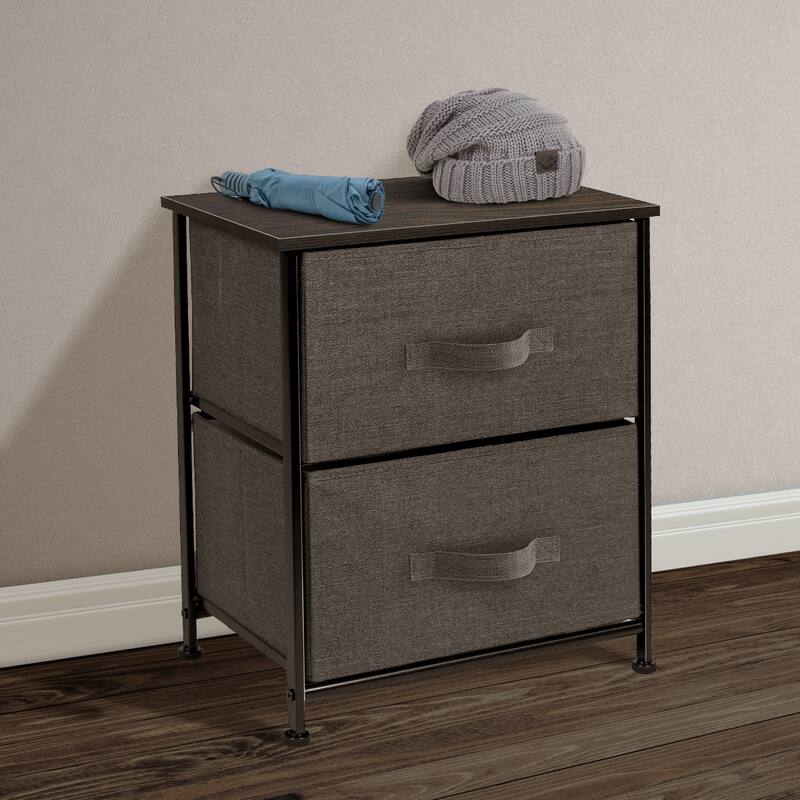 2 Drawer Nightstand Dresser Organizer Steel Frame Wood Top Fabric Bins