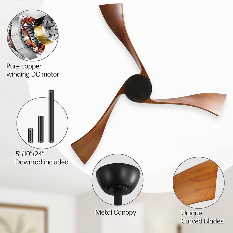 52" Wood Noiseless 3-Blade Ceiling Fans with Dimmable LED Light Optional and Remote, 6-Speed Reversible DC Motor