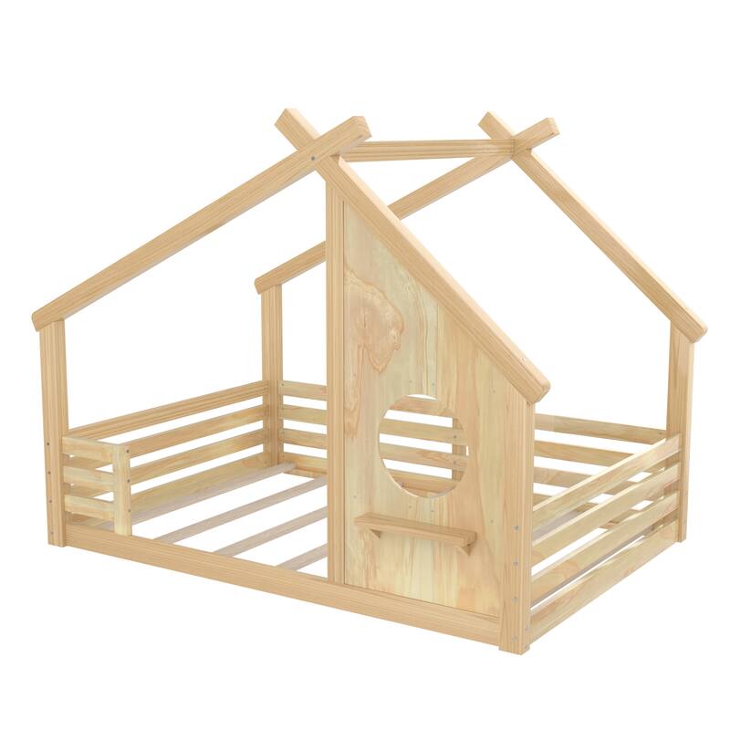 Full House Floor Bed with Window and a Small Shelf, Solid Wood Floor Bed with House-shaped Roof, No Spring Box Needed