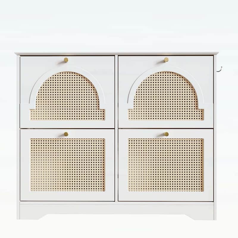 Elegant Entryway Shoe Cabinet with 4 Flip Drawers,with Rattan Doors and Hooks - White