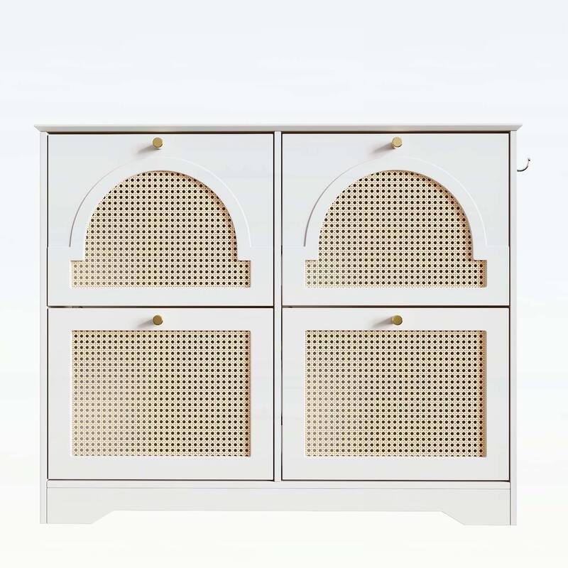 Mid-Century Tipping Bucket Shoe Cabinet with 4 Flip Drawers - White