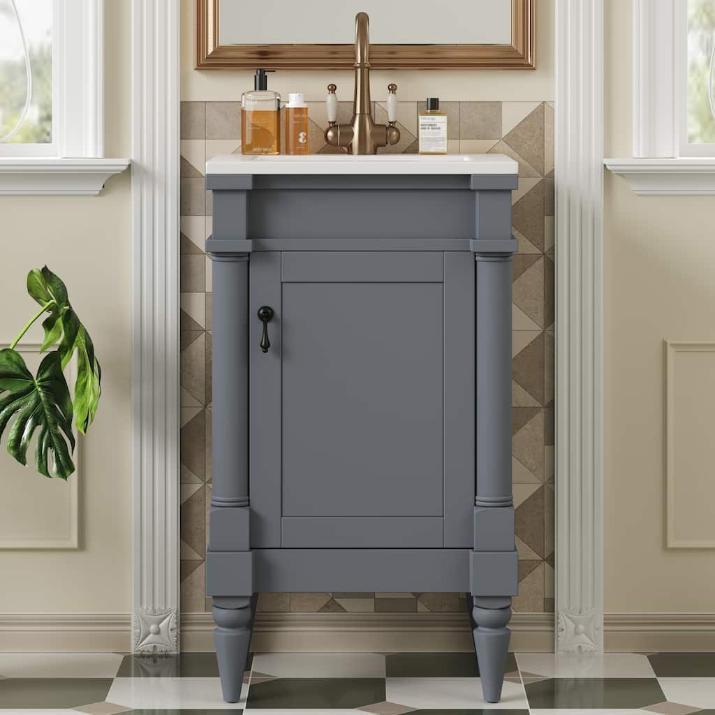 Roomfitters 18 Inch Bathroom Vanity with Sink, Freestanding Small Space Vanity Cabinet with Ceramic Basin and Adjustable Shelf