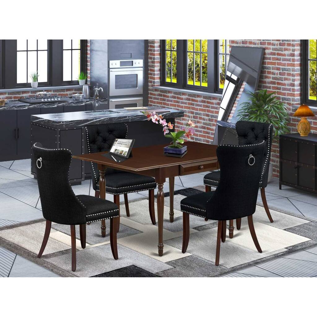 5-Piece Mahogany Finish Solid Wood Top - Rectangular Upholstered Dining Room Set - Seats 4