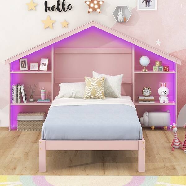 slide 2 of 43, Rustic Wood Platform Bed with House-Shaped Headboard & Built-in LED Pink - Twin