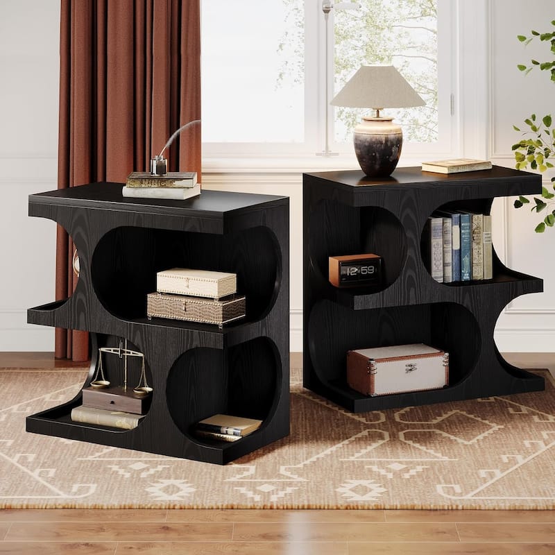 S-Shape End Table with 2-Tier Storage Shelf, Modern Side Tables, Retro Bedside Nightstands - 2pcs