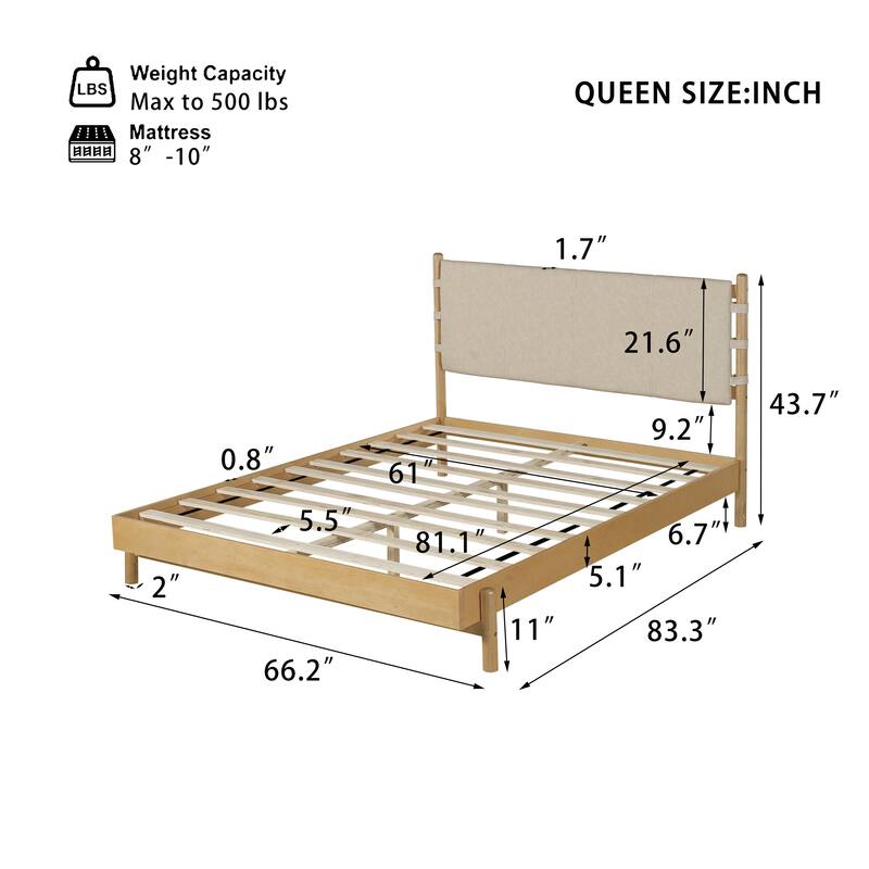 Mid Century Modern Queen/King Rubber Wood Platform Bed Frame with Headboard, Solid Wood Bed No Box Spring Needed