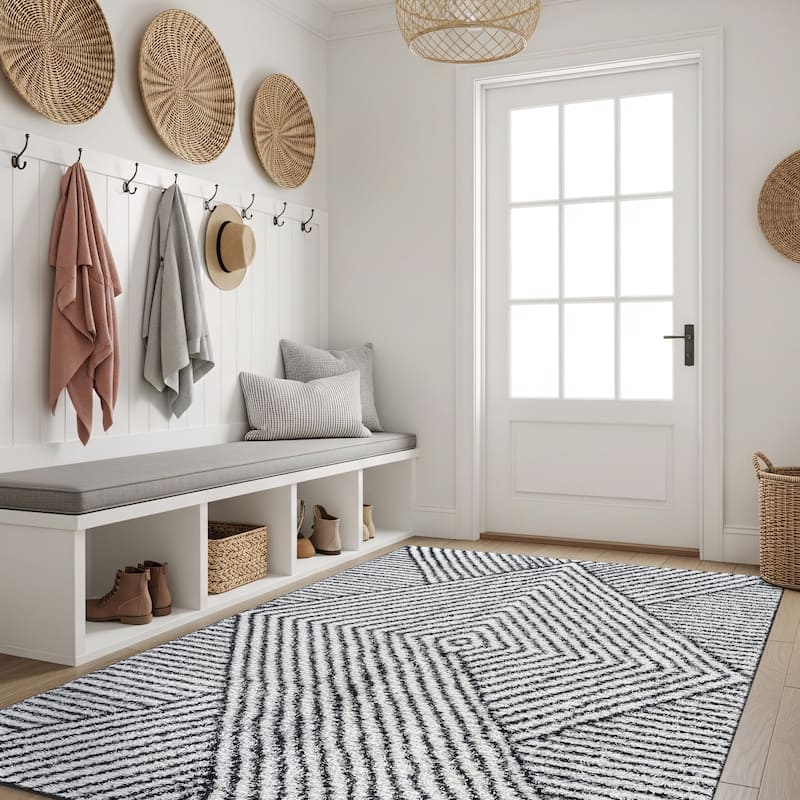 Minimal Stripe Geometric Shag Rug - Anthracite Dark Gray - Medium Pile - Cozy & Modern - White - 4' x 6'