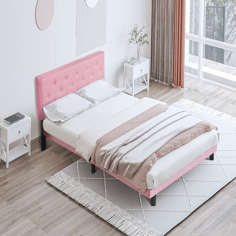 Full Size Upholstered Platform Bed Frame with Button Tufted Linen Fabric Headboard