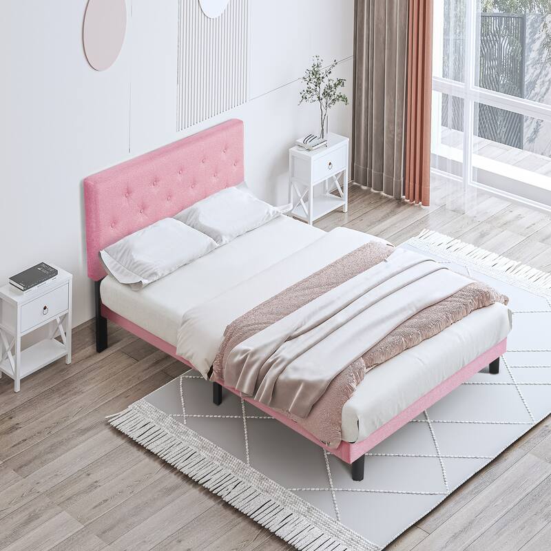 Pink Full Size Upholstered Platform Bed Frame with Button Tufted Linen Fabric Headboard