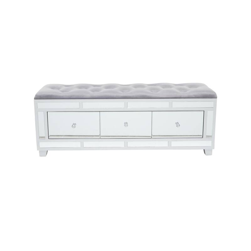 Gray Velvet Mirrored 3 Drawer Room Storage Bench with Upholstered Seat