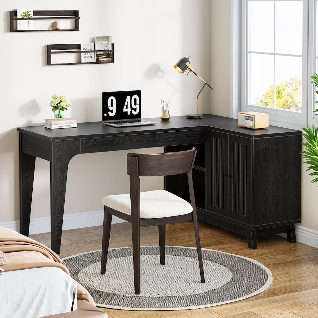 57'' Wood L-Shaped Corner Computer Desk Writing Table with Cabinet